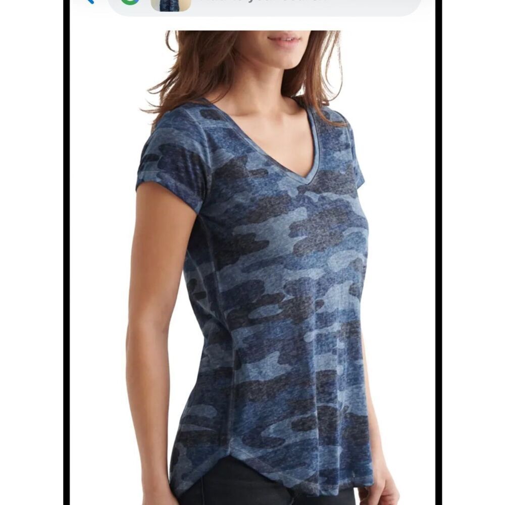 Lucky BrandโDistressed Cotton Blue Camo V-Neck Women's Top Size Small